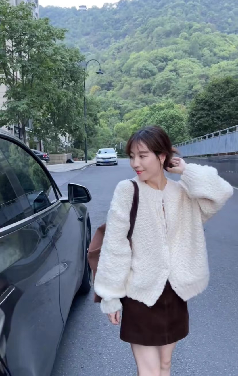 Women's Lazy Loose Round Neck Soft Knit Sweater Cardigan Jacket and Skirt Set
