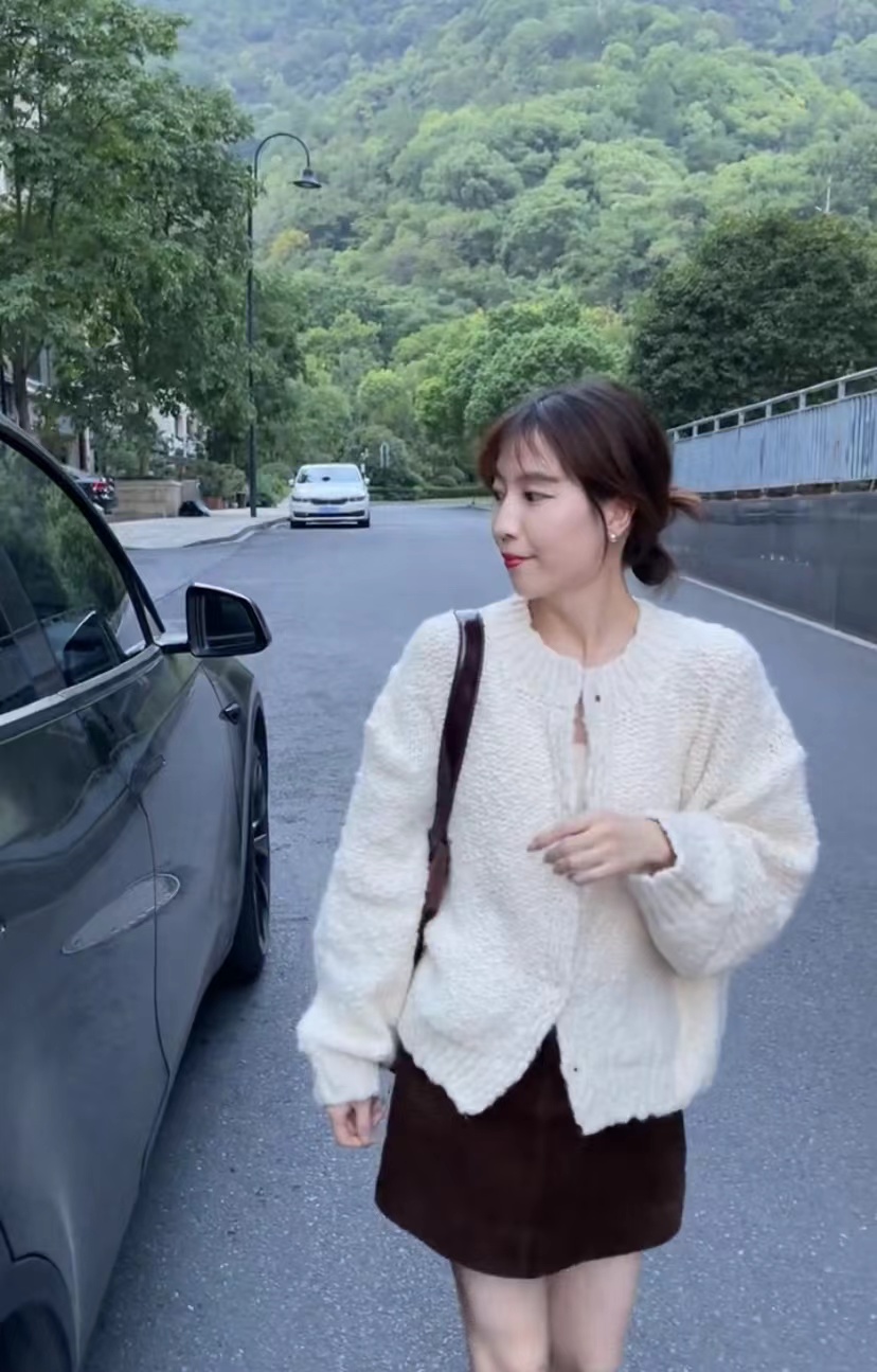 Women's Lazy Loose Round Neck Soft Knit Sweater Cardigan Jacket and Skirt Set - Image 2