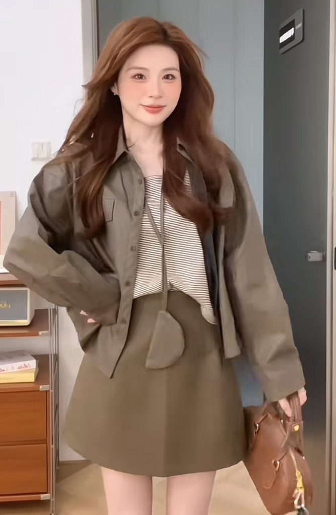 Yangcheng Story 2025 Versatile Leather Shirt Striped Vest Slimming Skirt Set