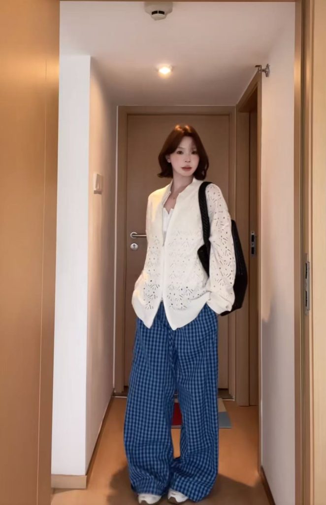 Trendy Hollow Knit Cardigan Vest Plaid Pants Three-Piece Set