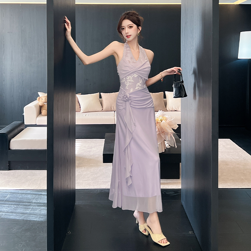 2026 Spring Summer V-Neck Purple Halter Dress Women Elegant Floral Long Dress