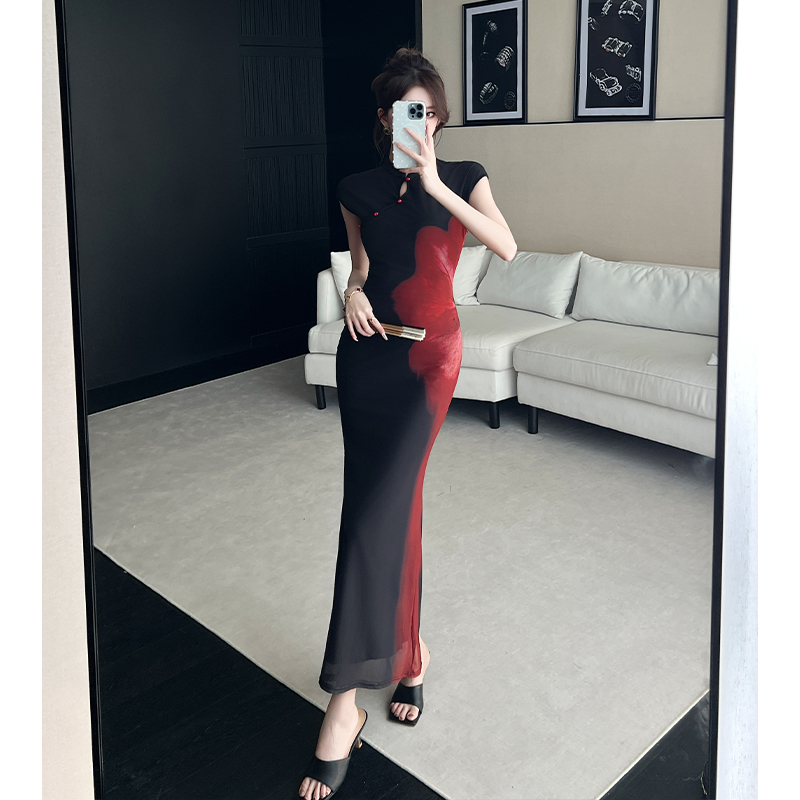 New Chinese Style Red Color Block Qipao Dress Mesh Sleeveless High Waist Long Slimming Dress