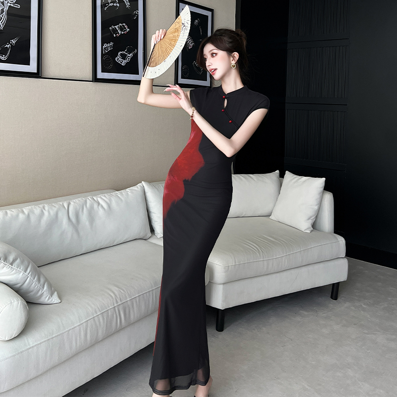 New Chinese Style Red Color Block Qipao Dress Mesh Sleeveless High Waist Long Slimming Dress - Image 2