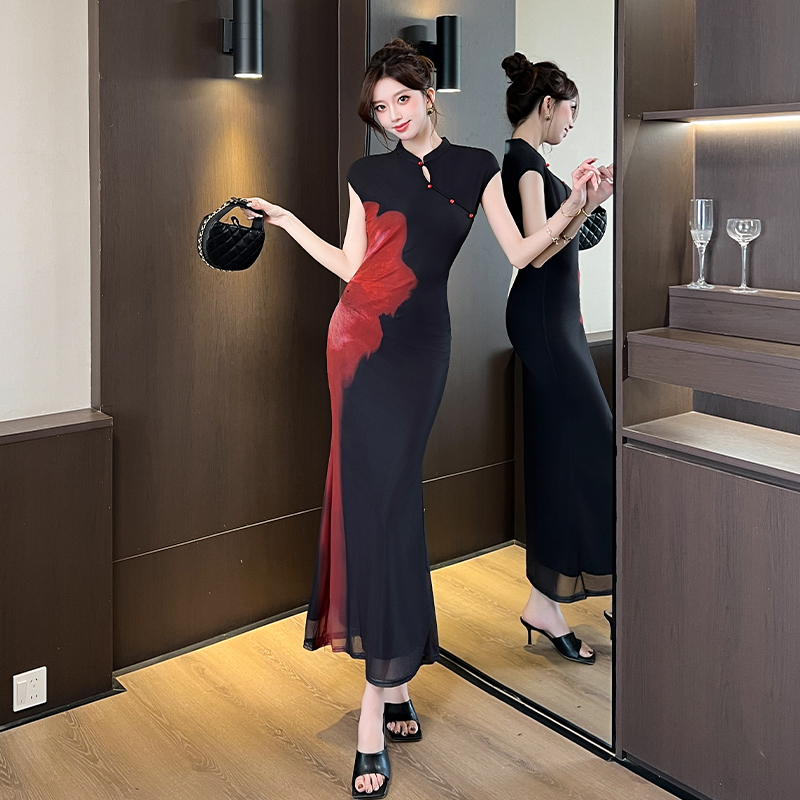 New Chinese Style Red Color Block Qipao Dress Mesh Sleeveless High Waist Long Slimming Dress - Image 5