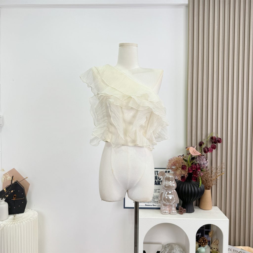 Light Apricot Asymmetric Ruffle One-Shoulder Sleeveless Shirt for Women