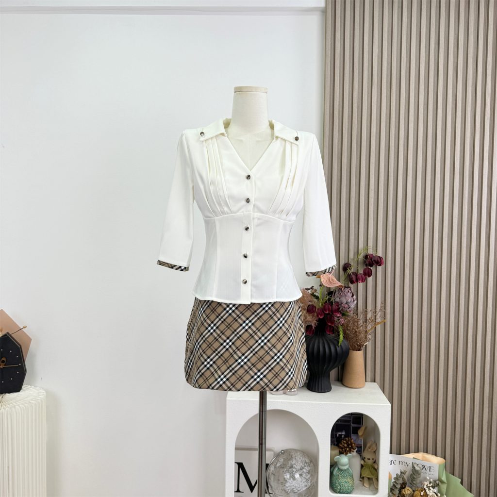 Women's White Slim Fit Short Sleeve Top and Plaid Skirt Set