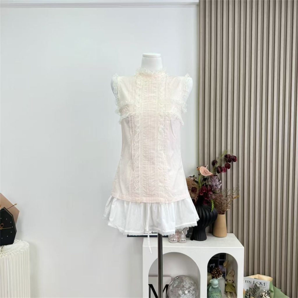Light Pink Sleeveless Shirt Women Vintage Lace Trim Tank Top