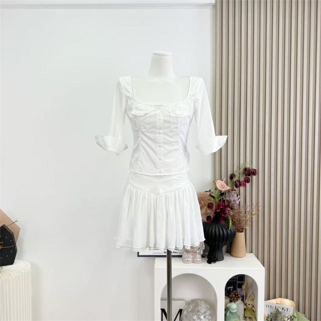 Women's White Square Neck Mid Sleeve Slim Fit Shirt