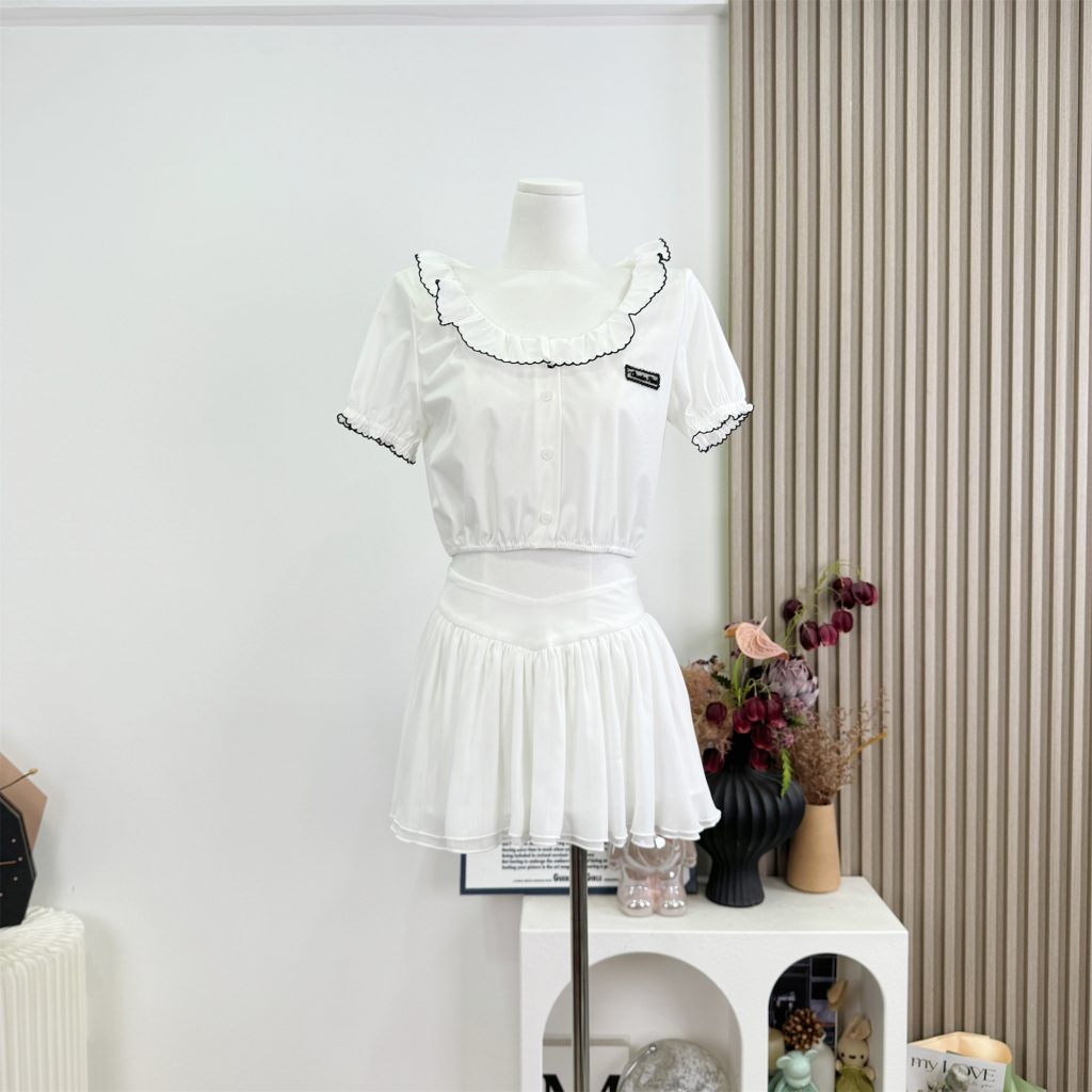 White Doll Collar Cinched Waist Puff Sleeve Shirt and Skirt Two-Piece Set