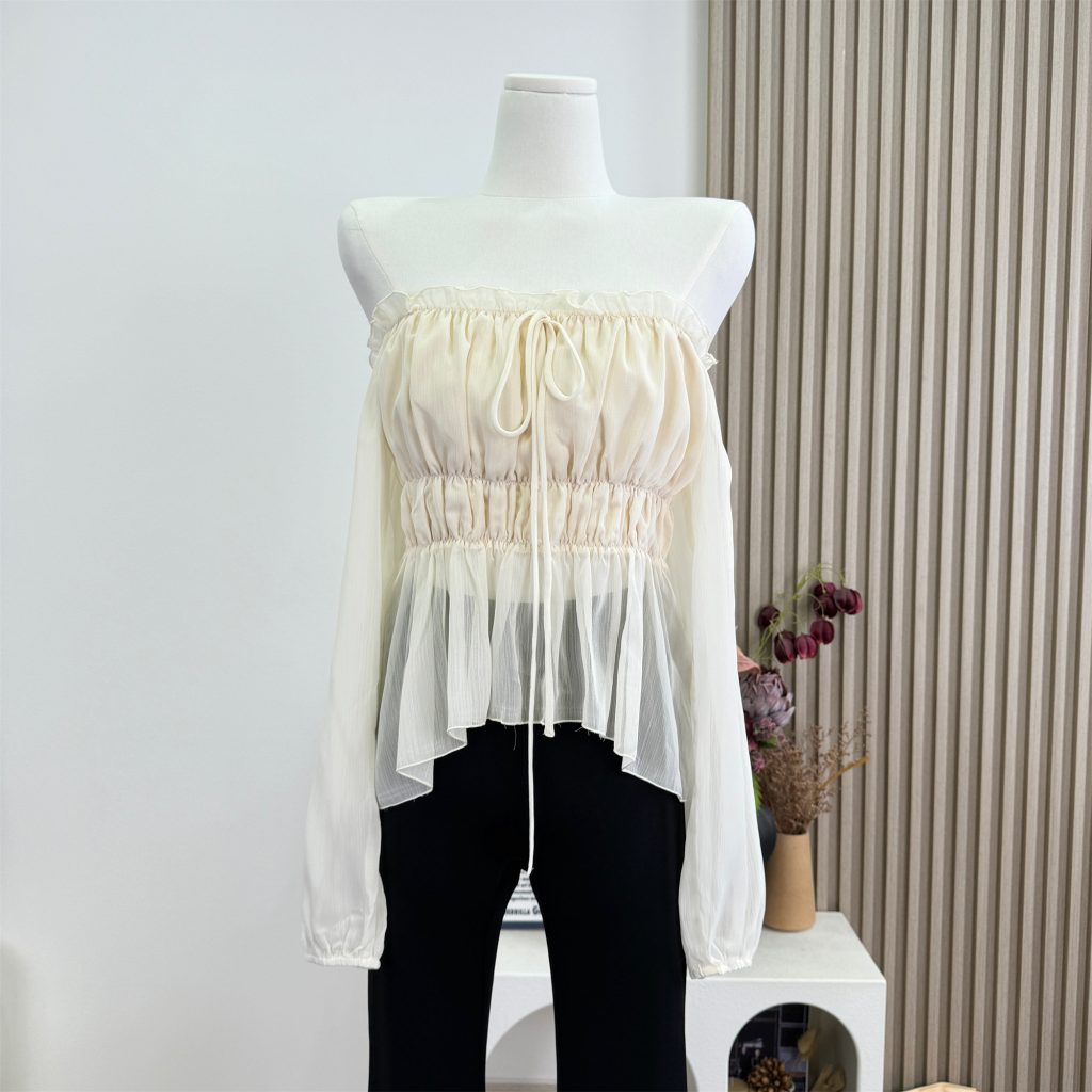 Women's Off-Shoulder Ruffled Chiffon Top Light Apricot Summer Shirt