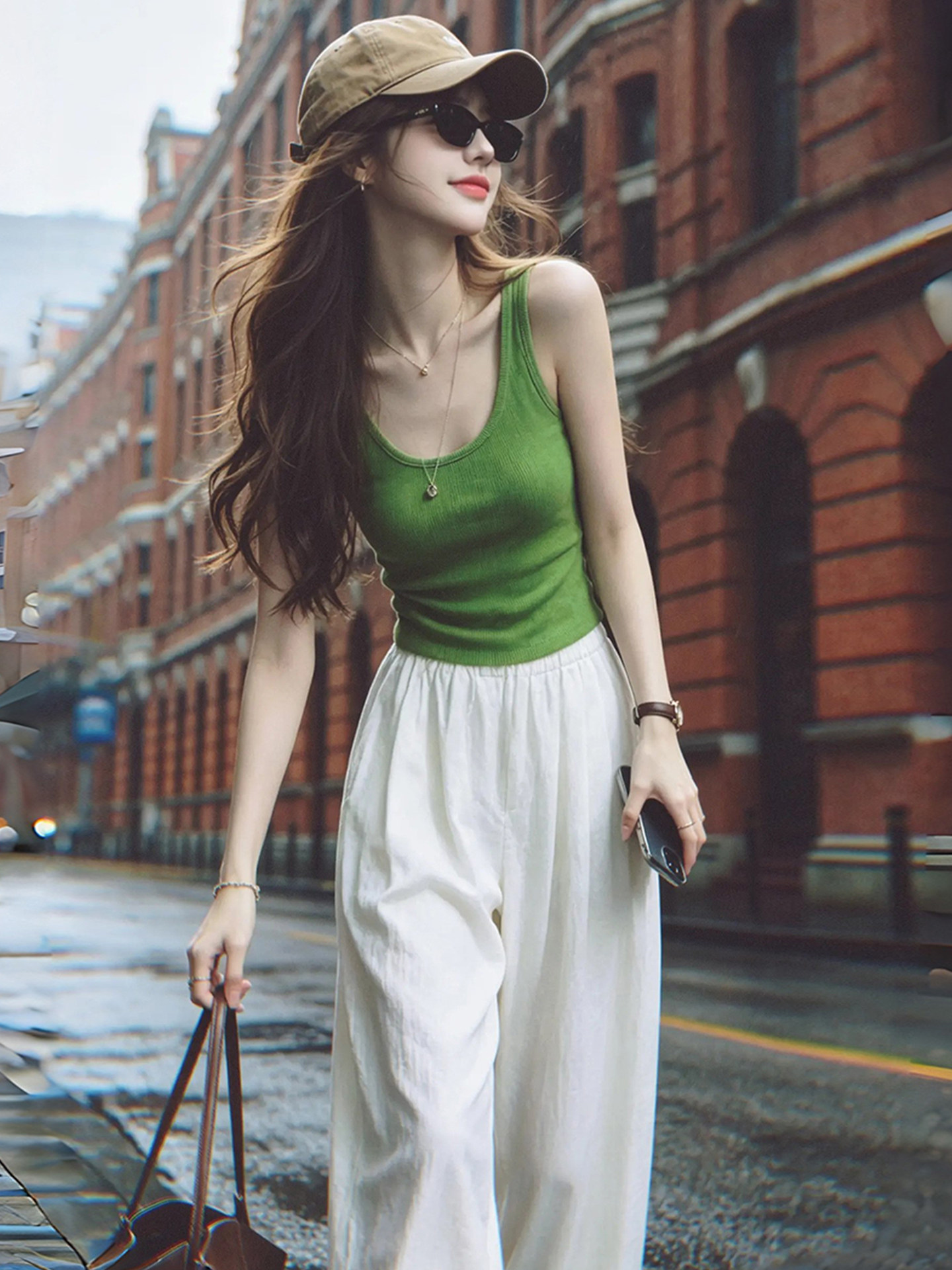 Green Sleeveless Cami Top for Women 2026 Summer Knit Pullover Backless Basic - Image 2