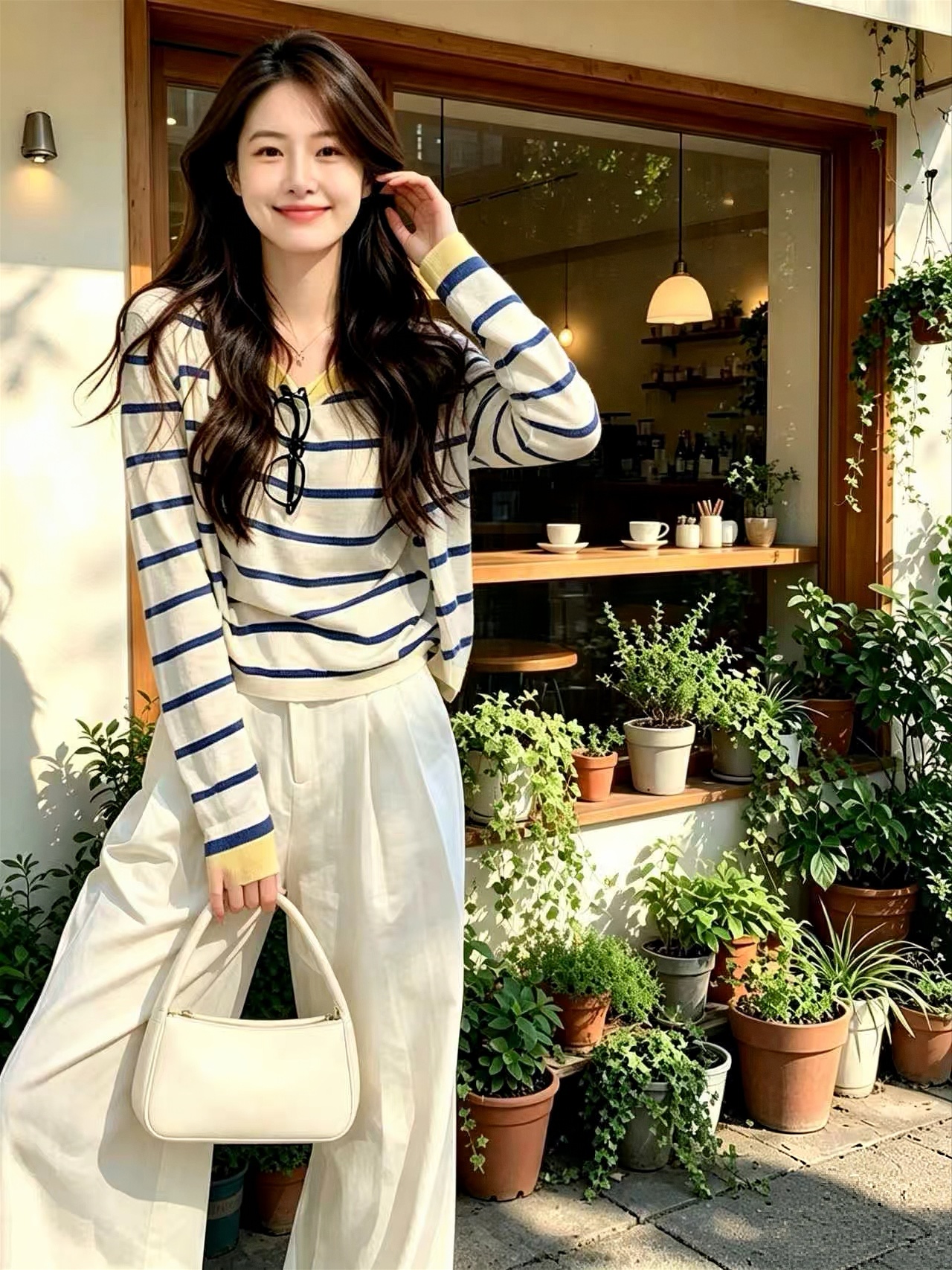 Women's Color Block Striped Long Sleeve Sweet Chic Top Vest Cardigan T-Shirt Two-Piece Set