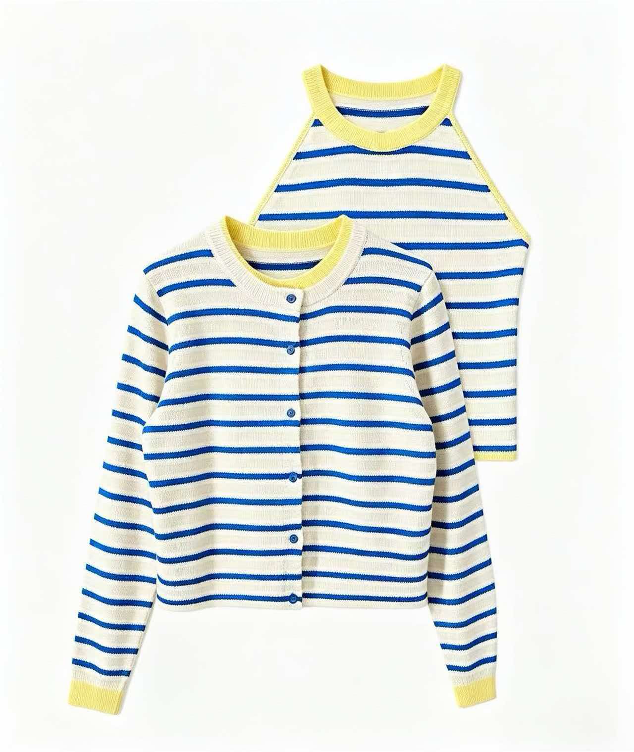 Women's Color Block Striped Long Sleeve Sweet Chic Top Vest Cardigan T-Shirt Two-Piece Set - Image 4