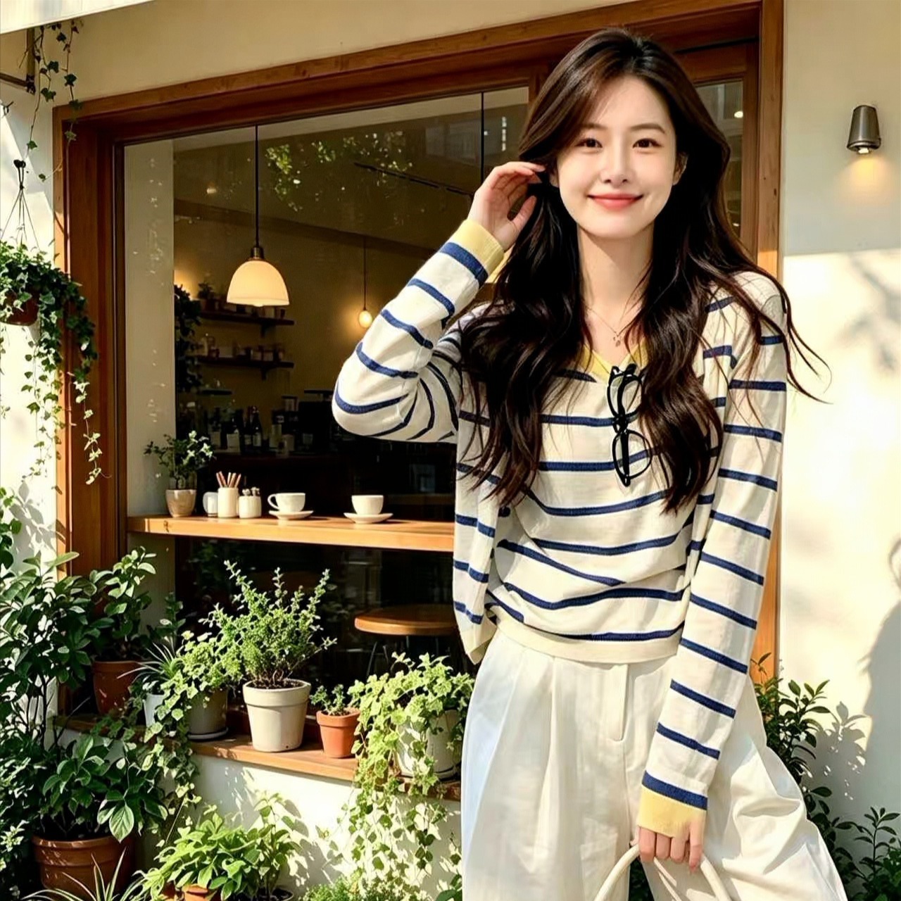 Women's Color Block Striped Long Sleeve Sweet Chic Top Vest Cardigan T-Shirt Two-Piece Set - Image 5