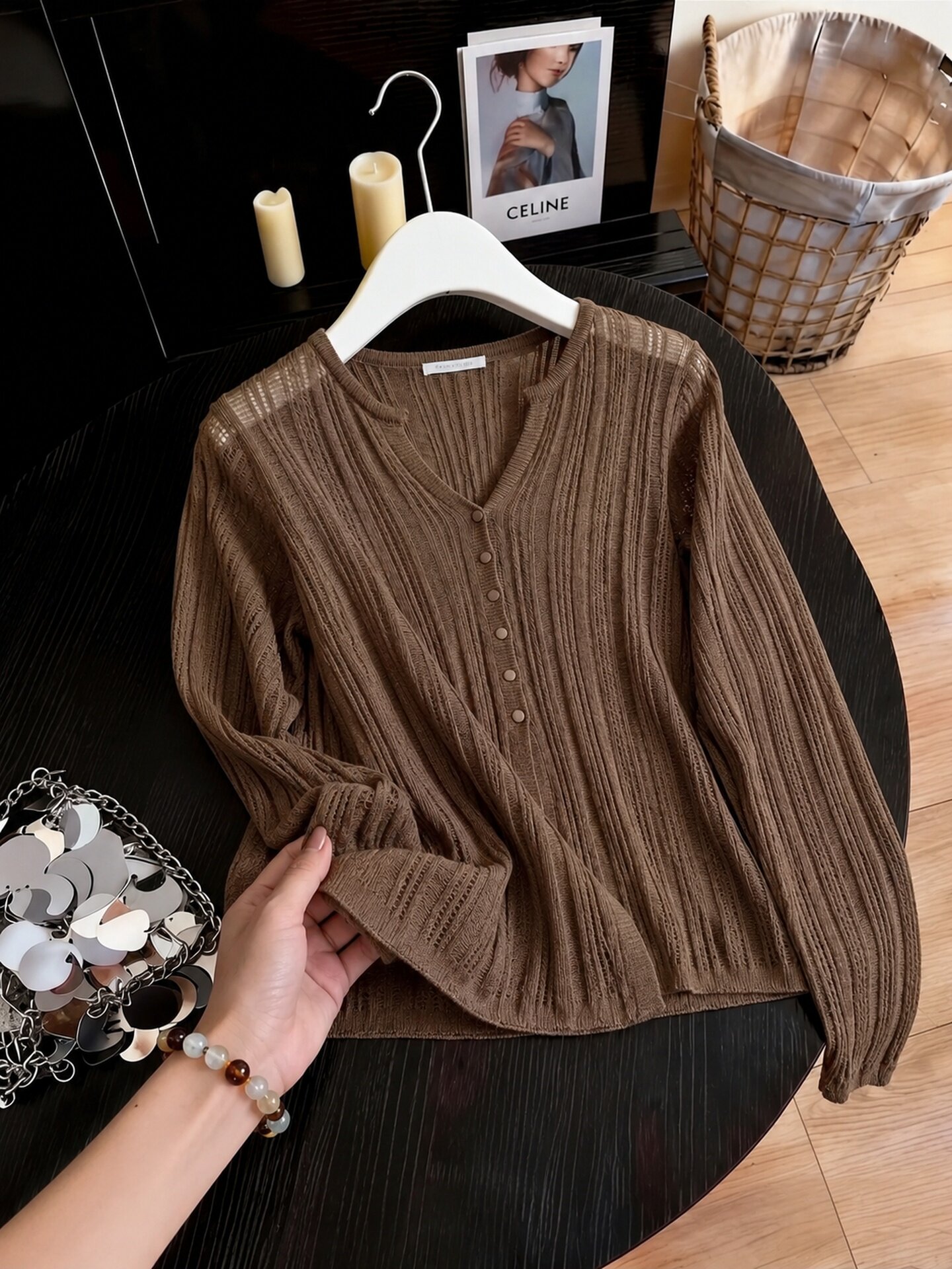 Brown Button-Front Long-Sleeve Loose T-Shirt for Women 2026 Summer Sun Protection New Chinese Style Light Minimalist Top - Image 3