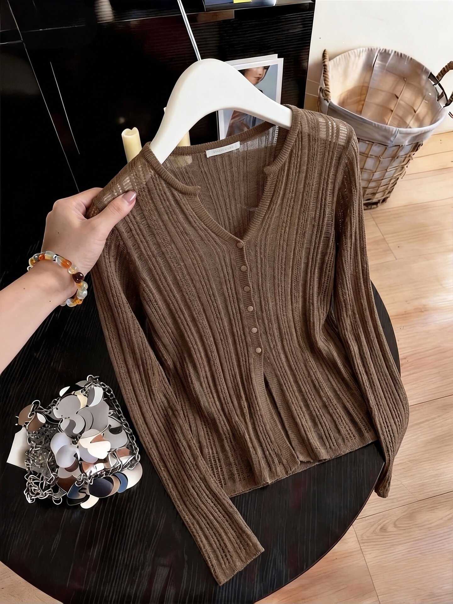 Brown Button-Front Long-Sleeve Loose T-Shirt for Women 2026 Summer Sun Protection New Chinese Style Light Minimalist Top