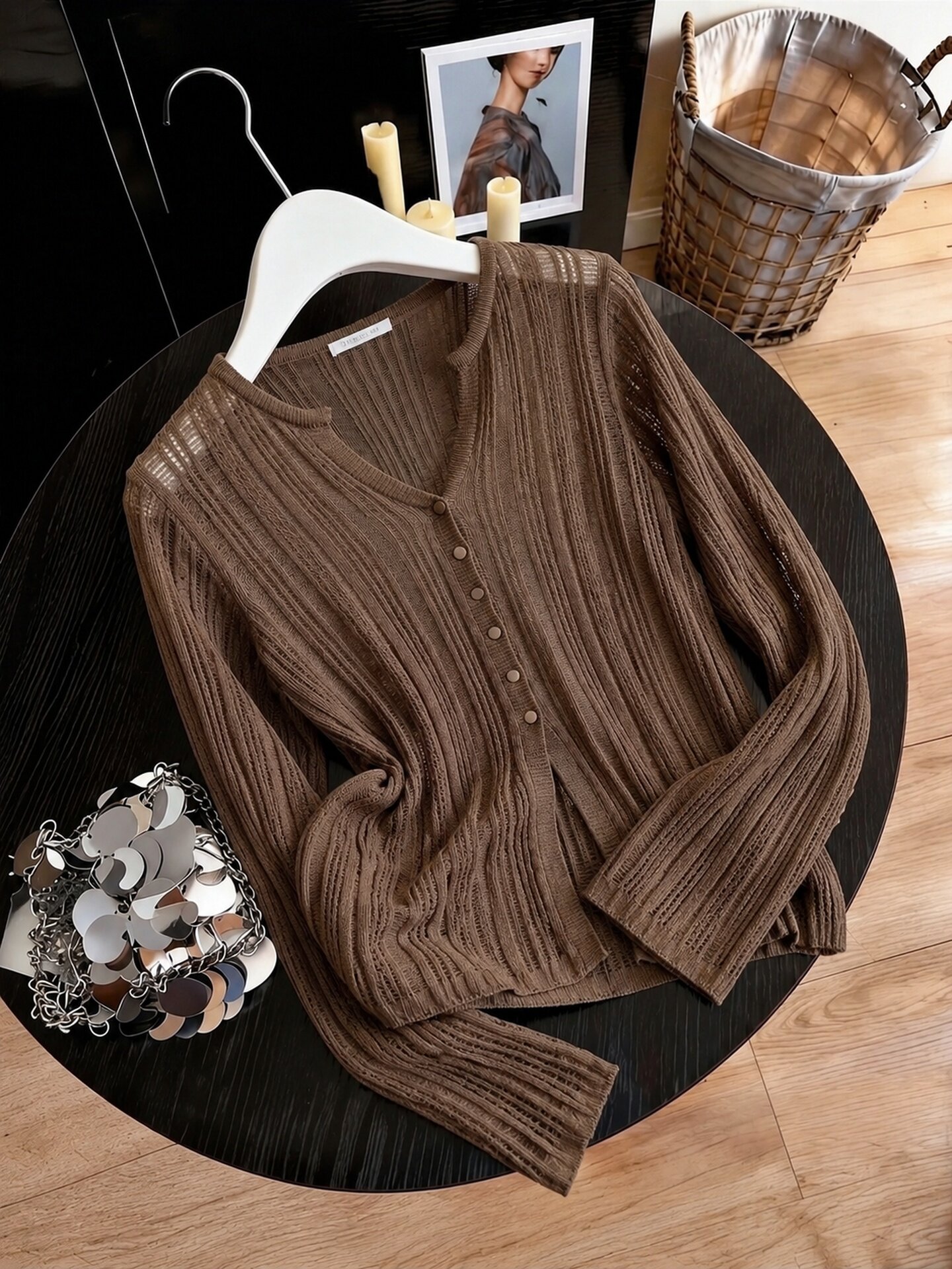 Brown Button-Front Long-Sleeve Loose T-Shirt for Women 2026 Summer Sun Protection New Chinese Style Light Minimalist Top - Image 4