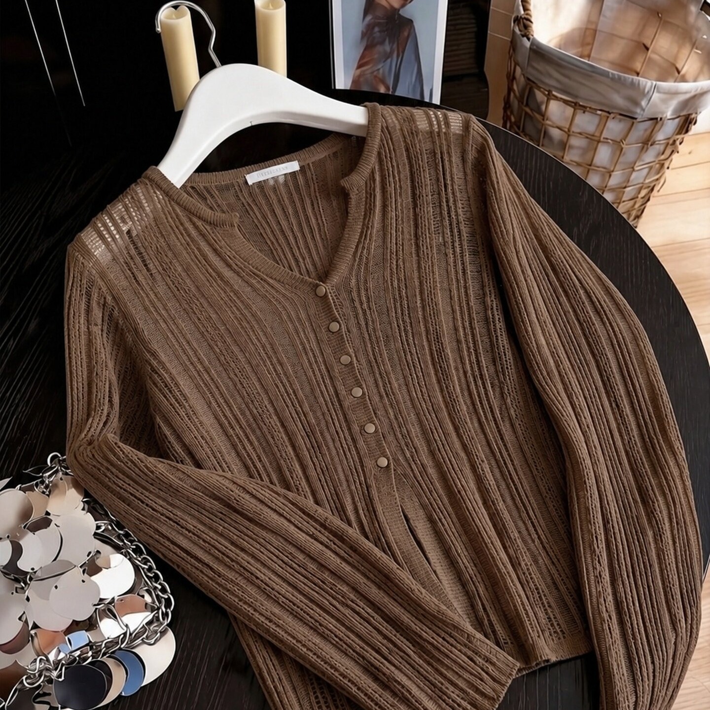 Brown Button-Front Long-Sleeve Loose T-Shirt for Women 2026 Summer Sun Protection New Chinese Style Light Minimalist Top - Image 5