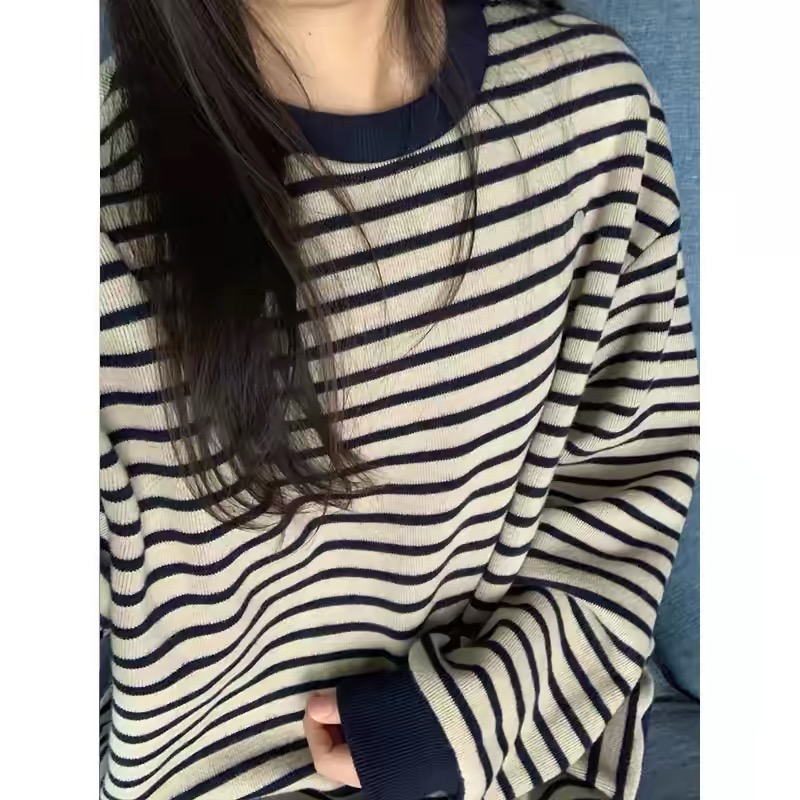 Blue Striped Crewneck Loose Pullover Sweatshirt Women 2026 Fall New Unique Lazy Top
