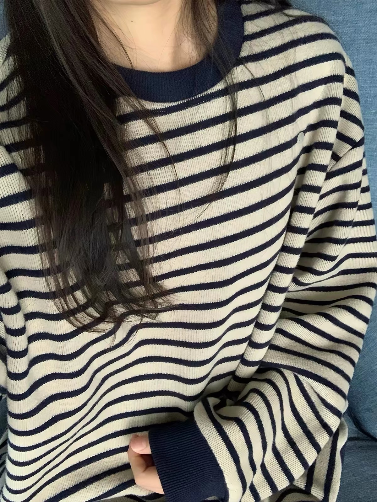 Blue Striped Crewneck Loose Pullover Sweatshirt Women 2026 Fall New Unique Lazy Top - Image 4