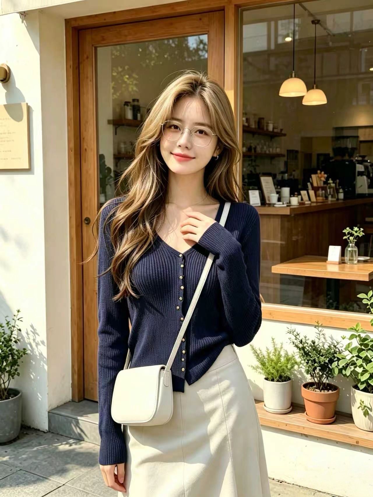 Navy Button-Front V-Neck Long-Sleeve Knit Cardigan Sweater for Women 2026 New Early Autumn High-End Top - Image 2