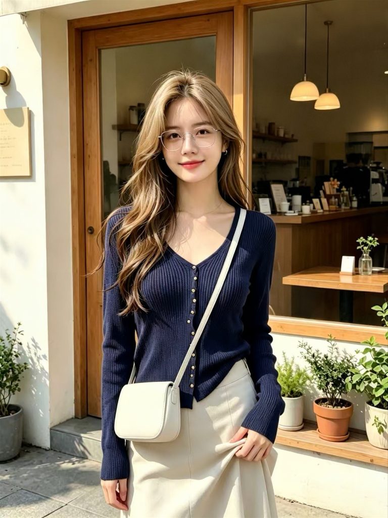 Navy Button-Front V-Neck Long-Sleeve Knit Cardigan Sweater for Women 2026 New Early Autumn High-End Top