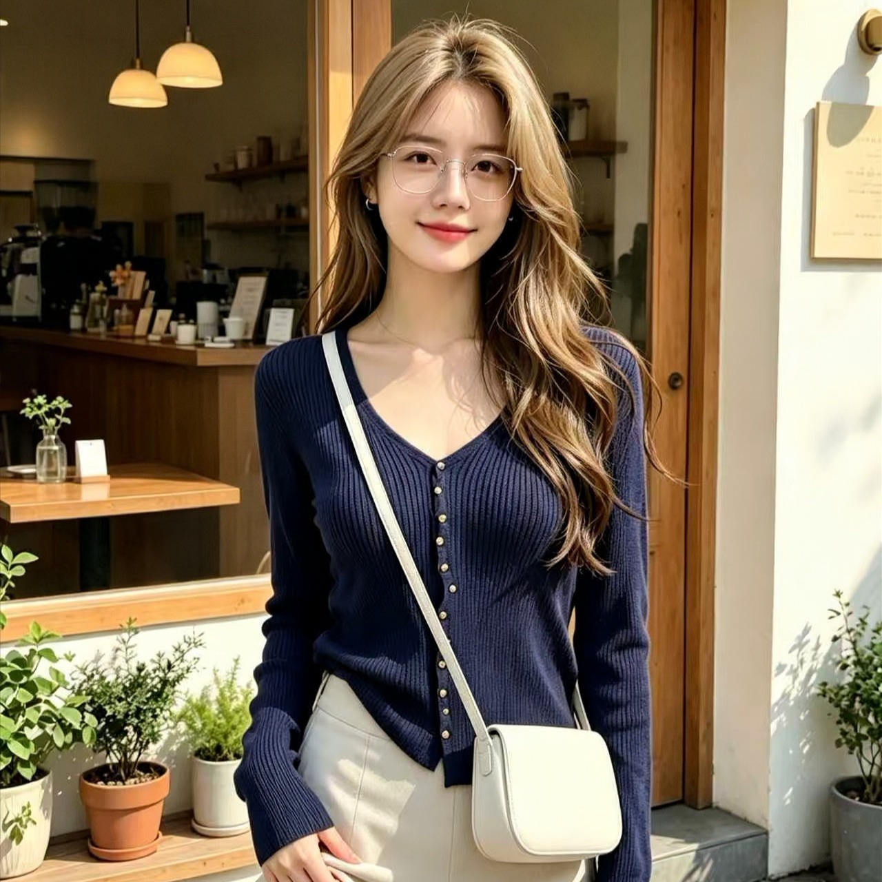 Navy Button-Front V-Neck Long-Sleeve Knit Cardigan Sweater for Women 2026 New Early Autumn High-End Top - Image 5