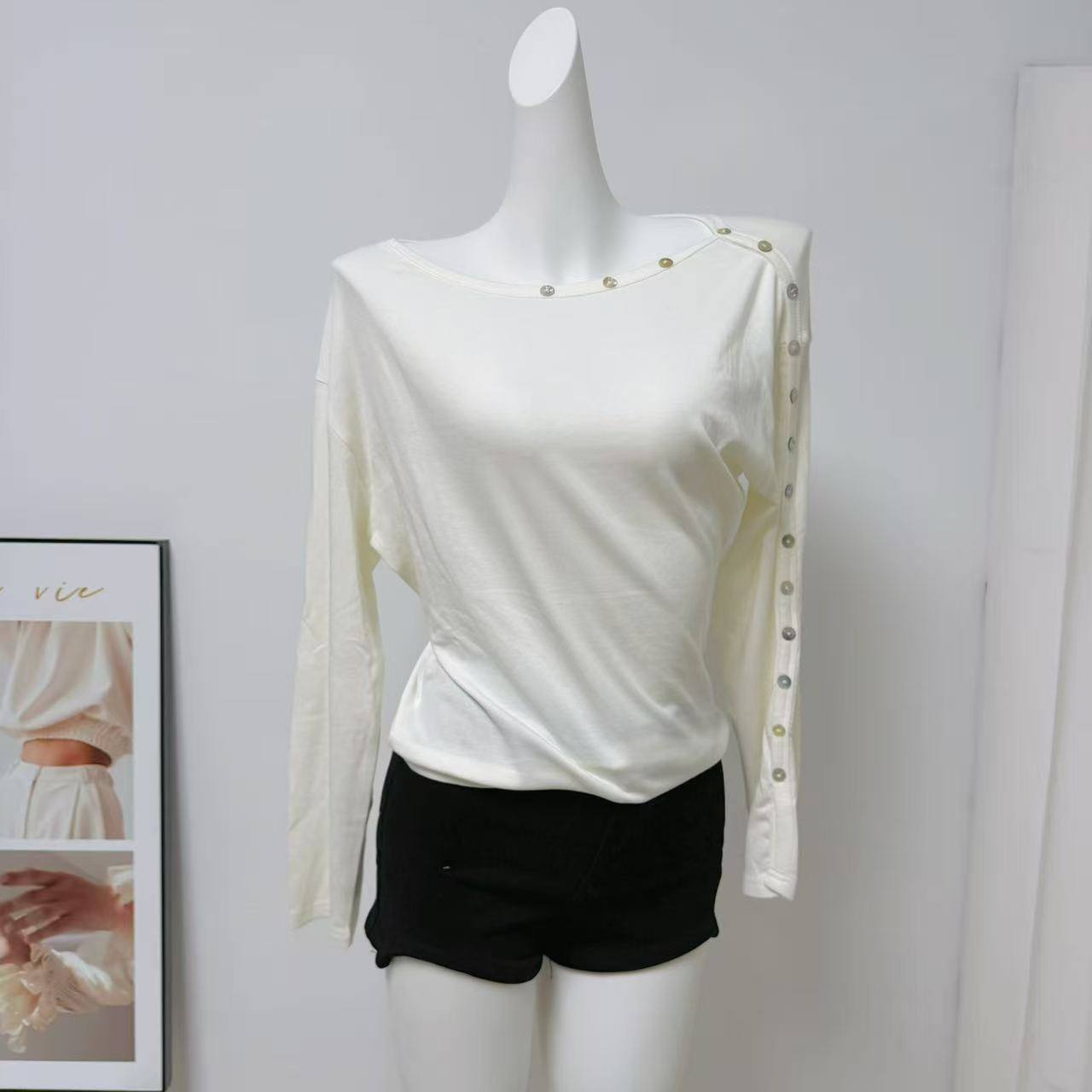 White Button One-Shoulder Long-Sleeve T-Shirt for Women - Style 31010b - Image 2