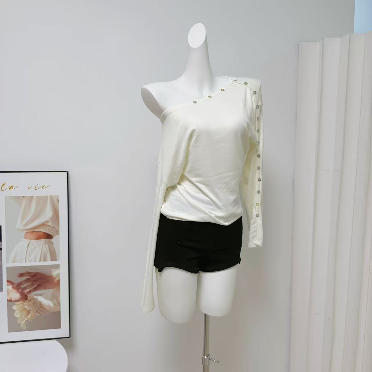 White Button One-Shoulder Long-Sleeve T-Shirt for Women - Style 31010b - Image 3