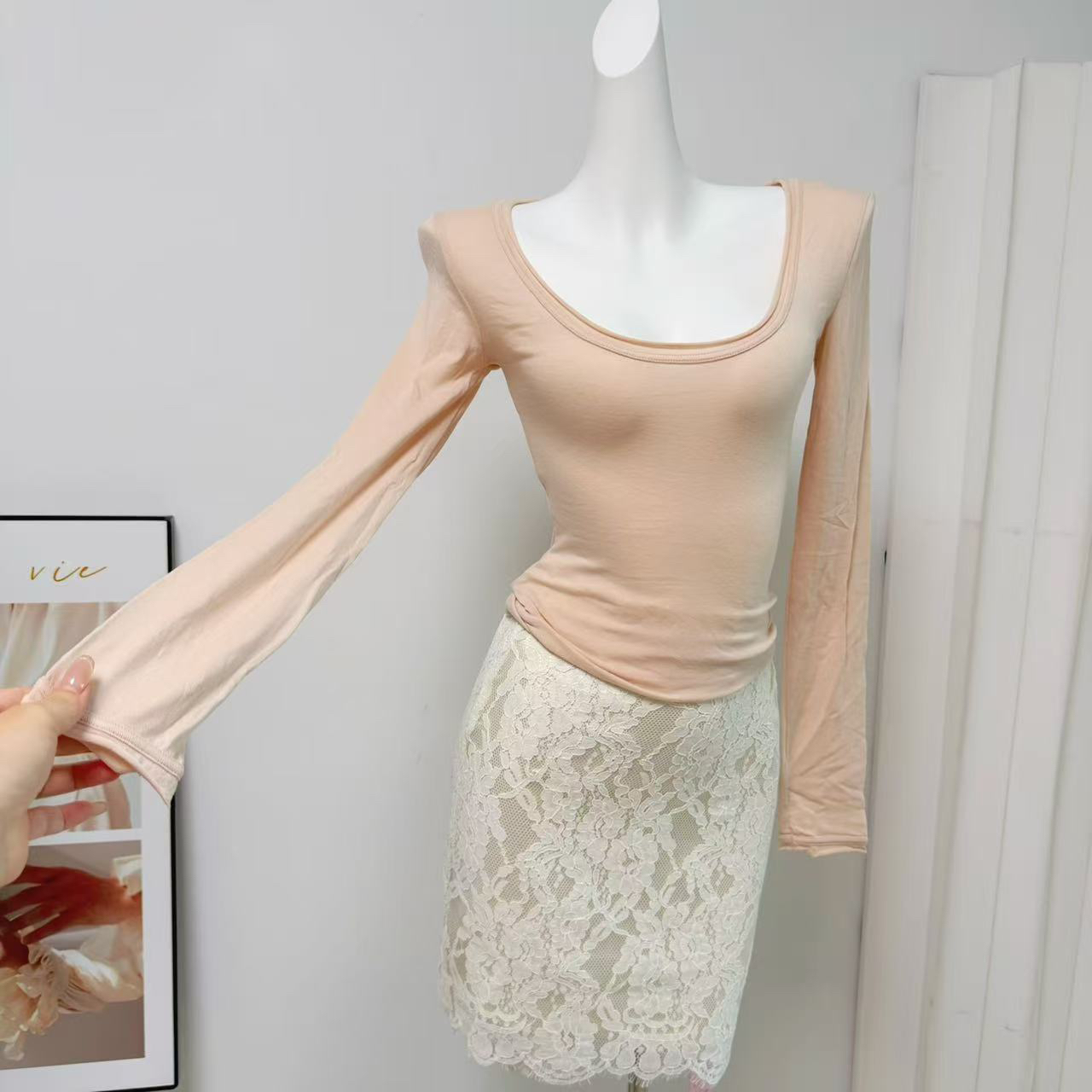 Women's U-Neck Long Sleeve T-Shirt Early Autumn Korean Lazy Relaxed Slimming Top - Image 2